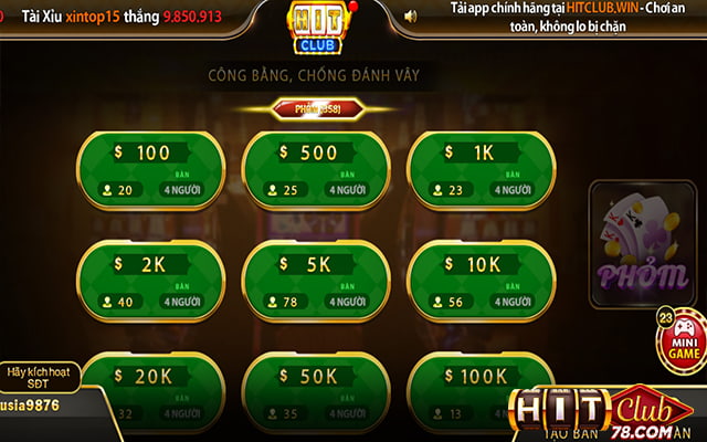 Chọn bàn chơi phỏm hitclub phù hợp với bạn về mức cược hoặc số lượng người chơi